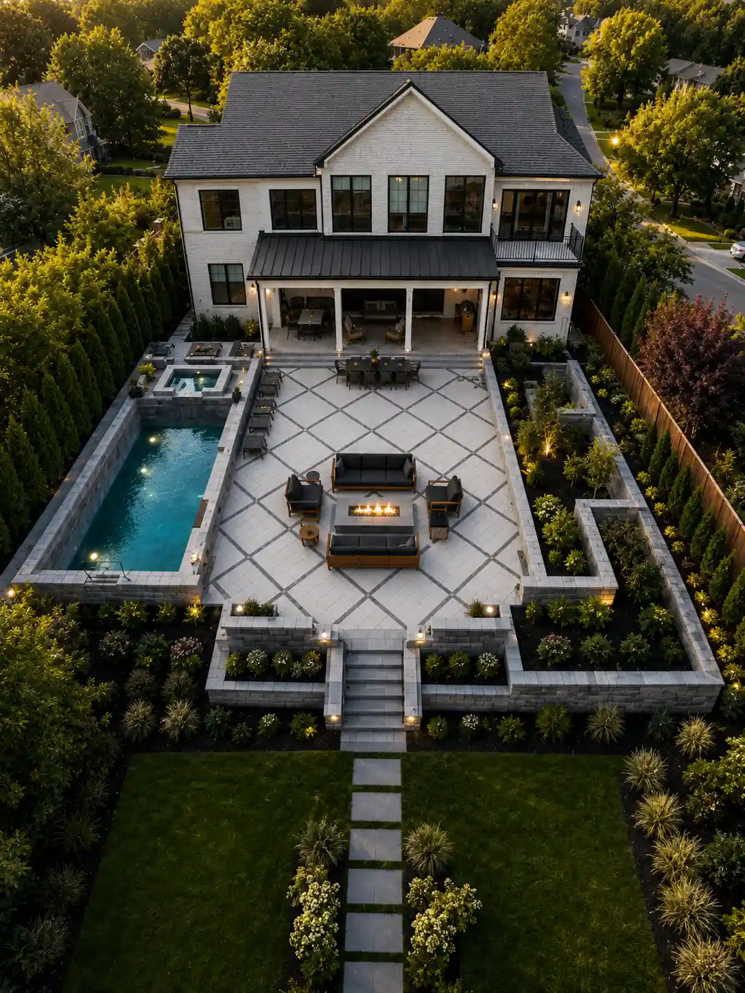 Backyard patio and pool installation in progress behind a two-story house